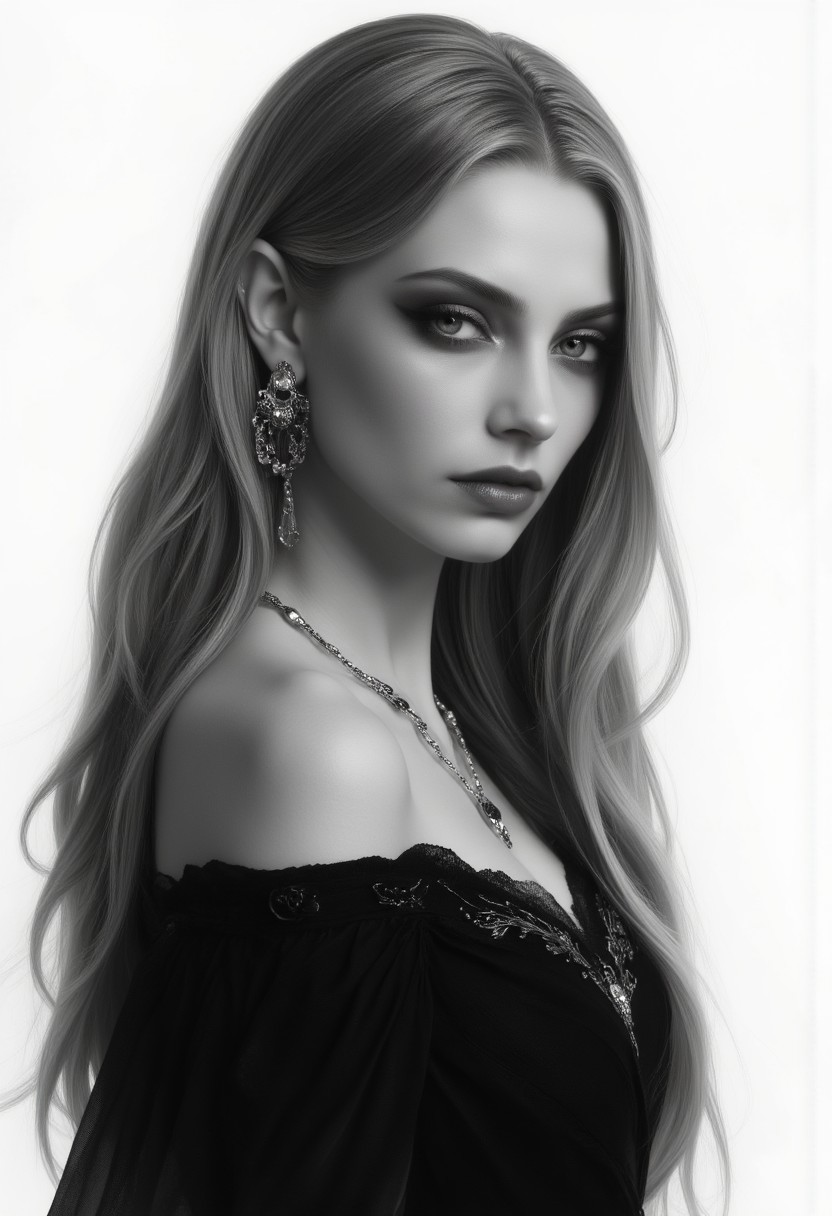 highly detailed, grayscale digital drawing of one elf woman head turned right looking at viewer, sultry expression, long light ginger hair, piercing eyes, seductive, charming woman, charmful looking, captivating, minimalist, slender frame, black wedding dress, detailed, vantablack,
