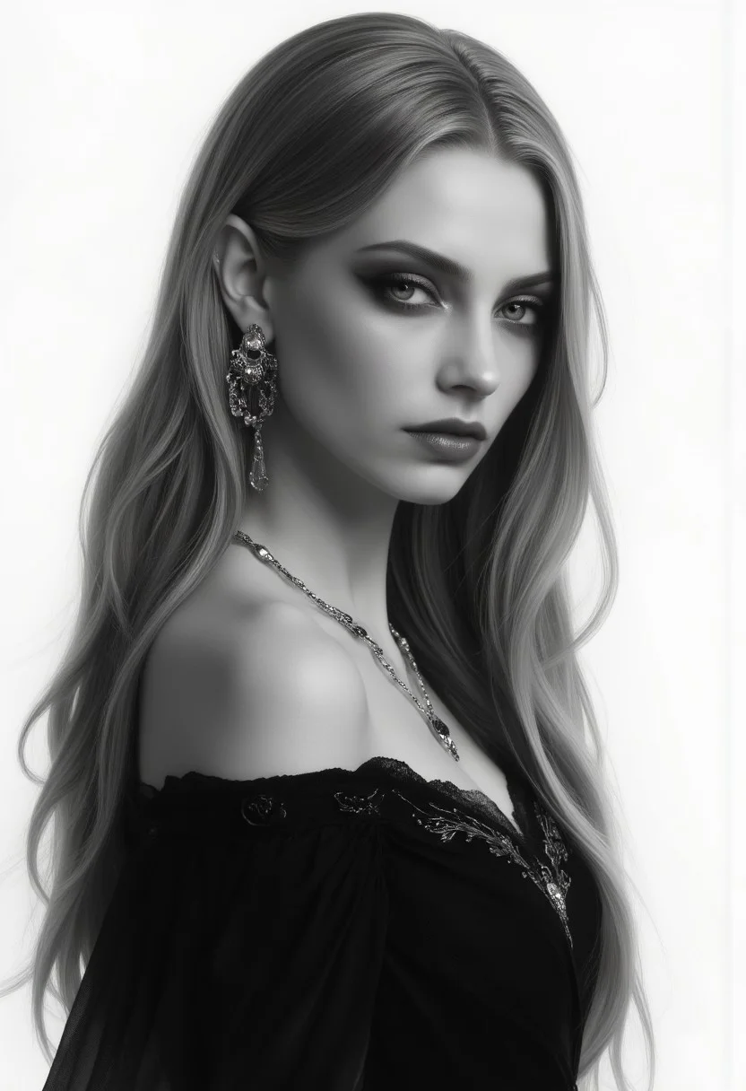 highly detailed, grayscale digital drawing of one elf woman head turned right looking at viewer, sultry expression, long light ginger hair, piercing eyes, seductive, charming woman, charmful looking, captivating, minimalist, slender frame, black wedding dress, detailed, vantablack,