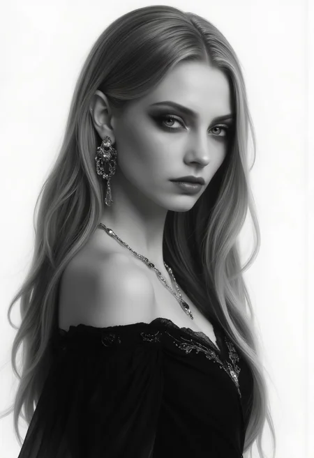 highly detailed, grayscale digital drawing of one elf woman head turned right looking at viewer, sultry expression, long light ginger hair, piercing eyes, seductive, charming woman, charmful looking, captivating, minimalist, slender frame, black wedding dress, detailed, vantablack,