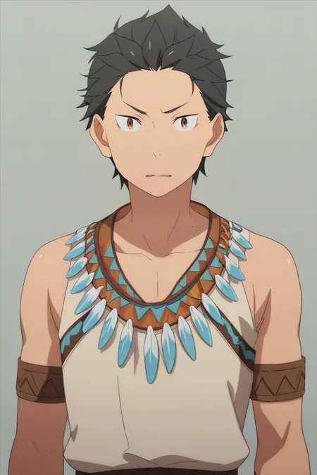 score_9, score_8_up, score_7_up, source_anime, semi-realistic, , upper body, , 1boy, solo, male focus, <lora:subaru_natsuki_pony:0.98>, subaru_natsuki, , native american costume, , , <lora:sdxl_lightning_8step_lora:1>