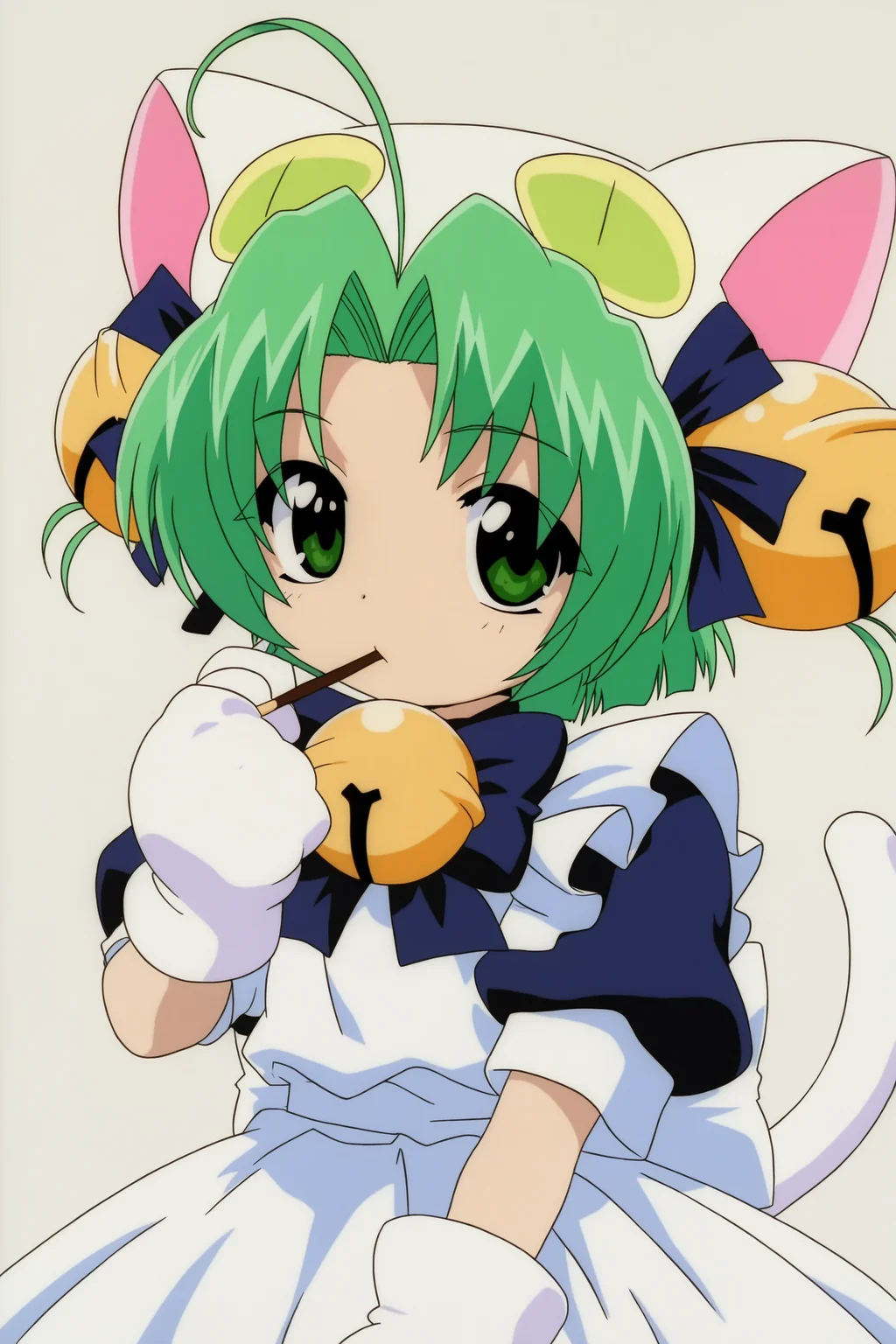 digicharatspecial, dejiko, 1girl, solo, flat chest, short hair, hair ornament, hat, animal ears, green eyes, green hair, ahoge, cat ears, hair intakes, hair bell, animal hat, cat hat, cat tail, white tail, gloves, short sleeves, white gloves, puffy short sleeves, animal hands, hair bell, mittens, animal hat, cat hat, white mittens, blue bowtie, maid, simple background, white background, pocky day, pocky in mouth, eating, looking at viewer,
(masterpiece, best quality, absurdres, highres), very awa,