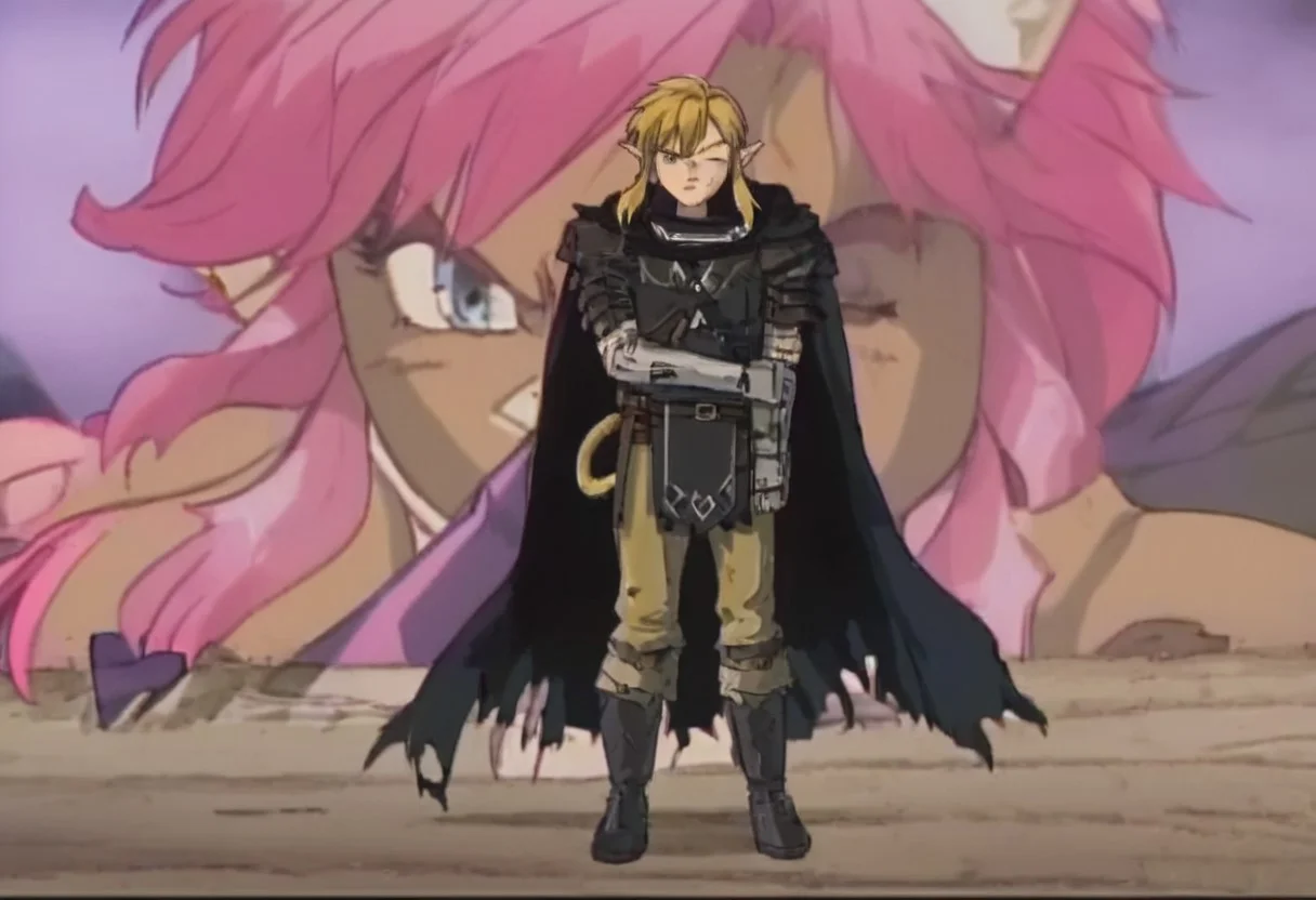 masterpiece, very aesthetic, anime screenshot, 1girl, Pink_PonyXL, black armor, shoulder armor, gauntlets, greaves, bandaged arm, black cape, torn cape, scar on nose, one eye closed,, bright pink hair cat bell around neck, cat ears, tanned, white tiger tail, small breasts, scowling, standing, looking at viewer, full body
Break
1boy, link1,link,pointy ears,blonde hair,blue eyes,medium hair,side locks,earrings,short ponytail, hylian tunic
Break
City of hyrule on fire, at night