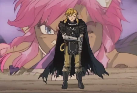 masterpiece, very aesthetic, anime screenshot, 1girl, Pink_PonyXL, black armor, shoulder armor, gauntlets, greaves, bandaged arm, black cape, torn cape, scar on nose, one eye closed,, bright pink hair cat bell around neck, cat ears, tanned, white tiger tail, small breasts, scowling, standing, looking at viewer, full body
Break
1boy, link1,link,pointy ears,blonde hair,blue eyes,medium hair,side locks,earrings,short ponytail, hylian tunic
Break
City of hyrule on fire, at night