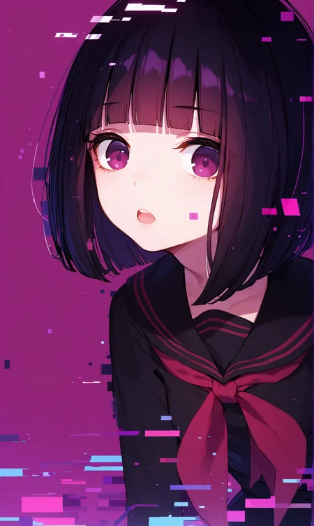 (score_9,score_8_up,score_7_up,score_6_up,score_5_up),1girl, solo, short hair, bob cut, neckerchief, open mouth, black serafuku, black hair, purple eyes, glitch, purple background, leaning forward, black sailor collar, blunt bangs, long sleeves, red neckerchief, shirt, anna graem, looking at viewer, (glitch), <lora:VA-11 Hall-A-xl:1>