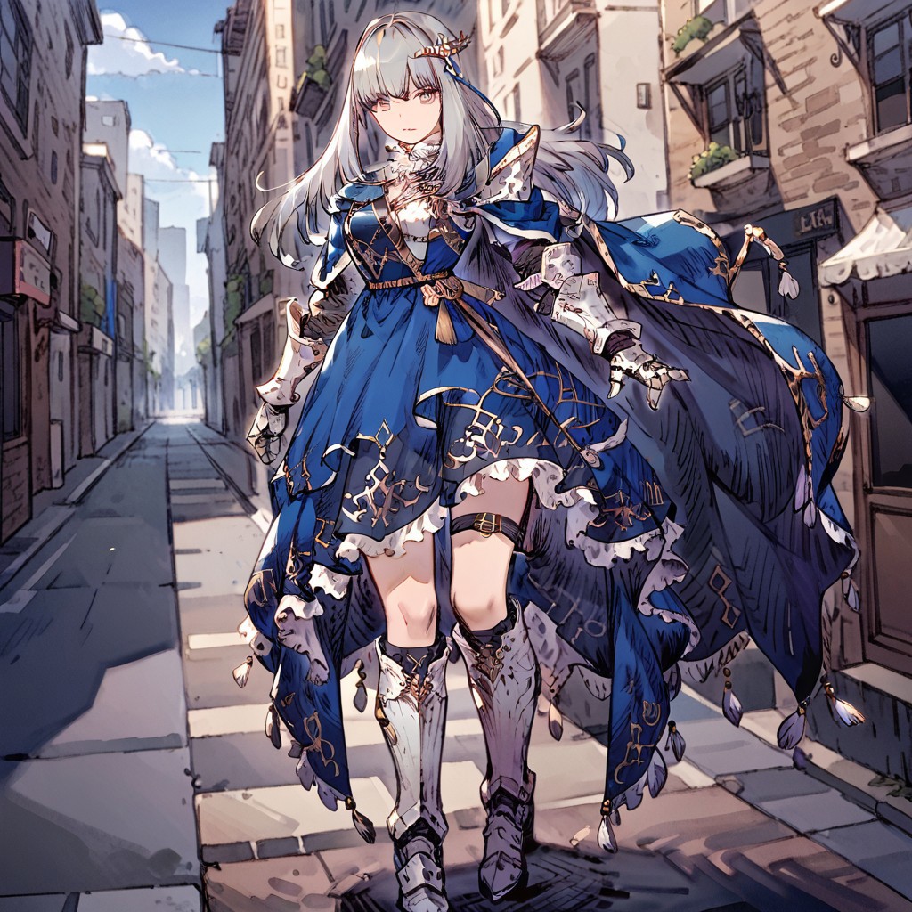 reformglaciela,1girl, solo,hair ornament,boots,long hair,gauntlets, looking at viewer,portrait, gauntlets, blue and white armored dress,50% white 50%blue dress, nose, breastplate, standing, cape,knee strap,outdoors,streets,