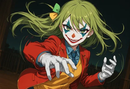detailed, high_quality, source_anime, best quality, masterpiece, high detail, best quality rendering, intricate details, high resolution, sharp focus, best render quality, epic style, dynamic pose, dynamic angle, action, motion blur, fast moves, motion lines, sharp, rough sketch, G0thicL1nes, addmicrodetails,
highres, 8K, HDR,absurdres, evil smile, dark aura, dynamic pose, intense lighting, detailed background, depth of field, dynamic composition, foreshortening, detailed background, dynamic pose, dynamic composition, dutch angle, detailed backgroud, foreshortening, holds out his hand to the viewer, dim light, dimly light, night, dark, detailed magic,
evil smile, upper body, gloves, necklace, seducing gestures, (looking at viewer:1.2),
YaroslavKorneplod, 1 girl, green hair, green and yelloy ribbons, ribbons on the left, clown makeup, necktie, red blazer, gold trim, yellow vest, blue shirt, formal attire, layered clothing, (five fingers:1.2)