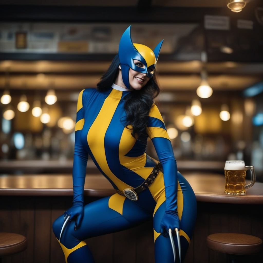 cinematic photo a full body woman with a mask and a blue and yellow bodysuit and claws having a beer in a pub <lora:X-23-1024:0.8> . 35mm photograph, film, bokeh, professional, 4k, highly detailed