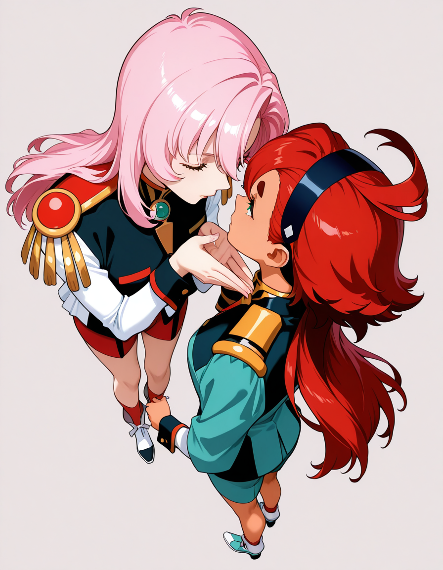 masterpiece,best quality,amazing quality,very aesthetic,high resolution,ultra detailed,perfect details,simple background,<lora:mai_ki_style:1>,mai_ki_style,
2girls,face to face,hands to hands
1girl,tenjou utena,full body,standing,dutch angle,dynamic pose,<lora:Saitou Chiho_illustriousXL:1>,tenjou utena,from above,BREAK
1girl,gundam,suletta mercury,gundam,
