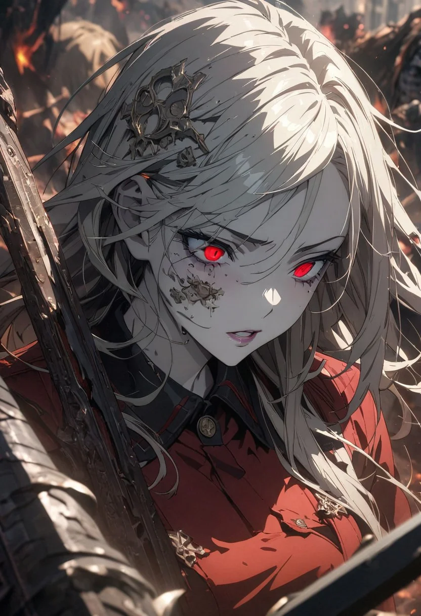 gorgeous lips, cinematic, (masterpiece), (best quality), (ultra-detailed), very aesthetic, illustration, perfect composition, intricate details, absurdres, detailed face, (anime, masterpiece, intricate:1.3), (best quality, hires textures, high detail:1.2)
black bandaid hair, sharp_red eyes, pale skin, black and red school outfit, dark fantasy, massacre, chaos, extreme, high detailed, weapon, apocalypse,