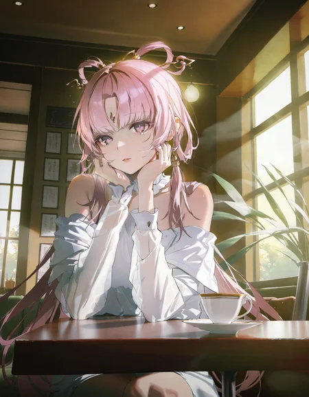 amazing quality, masterpiece, 1girl, solo, pink_hair,hair_rings, white shirt, pink eyes,long_hair,hair_ornament,off-shoulder_shirt, <lora:fuxuan:1>, sitting, upper body, indoors, window, day, table, teacup, smoke, hand on own cheek, restaurant, ceiling light, on couch, light particles, curtains, <lora:Rolua:0.7>, looking at viewer, bright pupils
