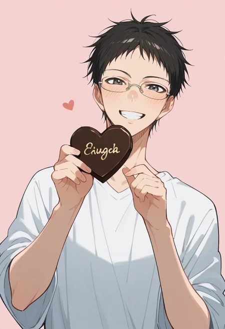 score_9, score_8_up, score_7_up, source_anime, rating_safe, holding heart chocolate, HyugaKB, (black Hyuga hair), grey Hyuga glasses, black Hyuga eyes, 1boy, male focus, casual clothes, confident smile, teeth blush lines, hands with five fingers, simple light pink background, cute wallpaper, happy-cheery