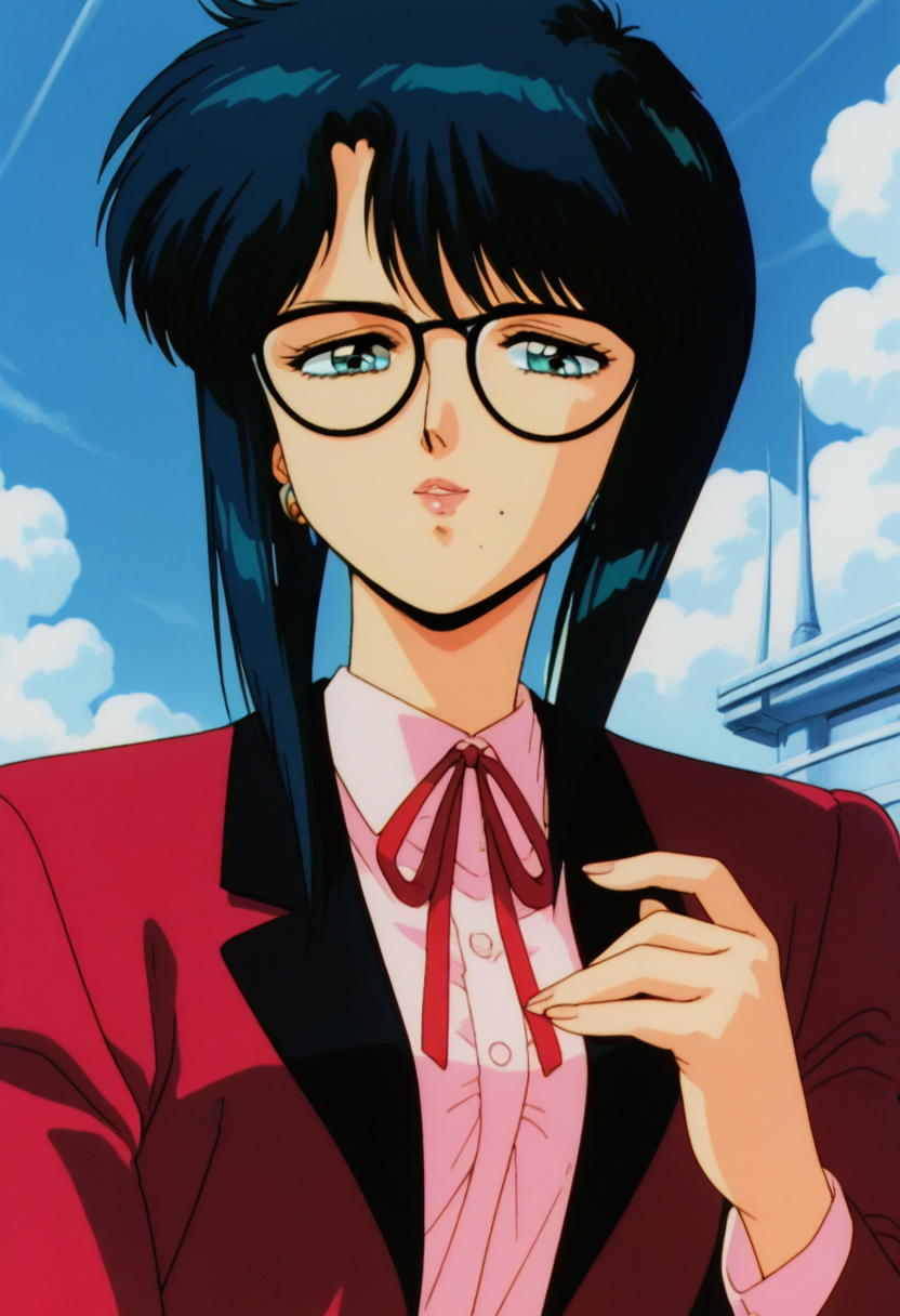 masterpiece, best quality, source_anime,official art,perfect_anatomy,1990s_\(style\),retro_artstyle,1girl,solo,Memory Gene,glasses,black hair,mole,ribbon,bow_tie,pink shirt,red jacket,long sleeves,looking_at_viewer,smile,lips,upper body,day,blue_sky,cloud