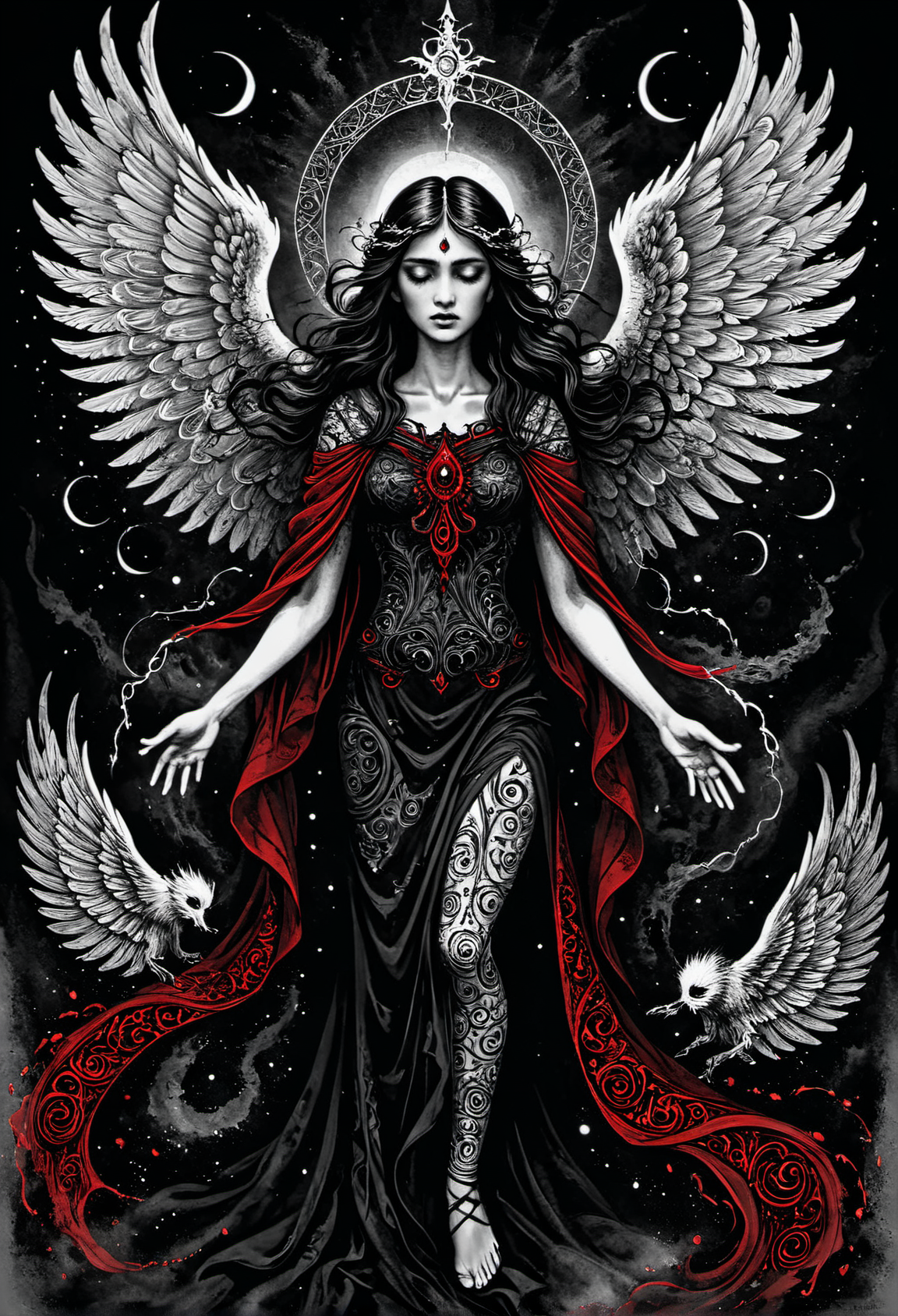 Zentangle red and black Ink illustration,I stand amazed by the visionary genius of the artist,the exacting precision of every brush stroke making the canvas come alive with awe inspiring visuals,(illustration of a beautiful angel's final breath as she succumbs to death),angelic robes soaked in blood,the artist mourns the life of a fallen goddess,the death of virtuous saint to hands of evil,the eyes plead with the viewer to release them from their pain,(((intricate background of evil spirits in the shadows))),masterpiece . Intricate, abstract, monochrome, patterns, meditative, highly detailed