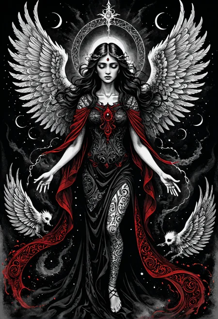 Zentangle red and black Ink illustration,I stand amazed by the visionary genius of the artist,the exacting precision of every brush stroke making the canvas come alive with awe inspiring visuals,(illustration of a beautiful angel's final breath as she succumbs to death),angelic robes soaked in blood,the artist mourns the life of a fallen goddess,the death of virtuous saint to hands of evil,the eyes plead with the viewer to release them from their pain,(((intricate background of evil spirits in the shadows))),masterpiece . Intricate, abstract, monochrome, patterns, meditative, highly detailed