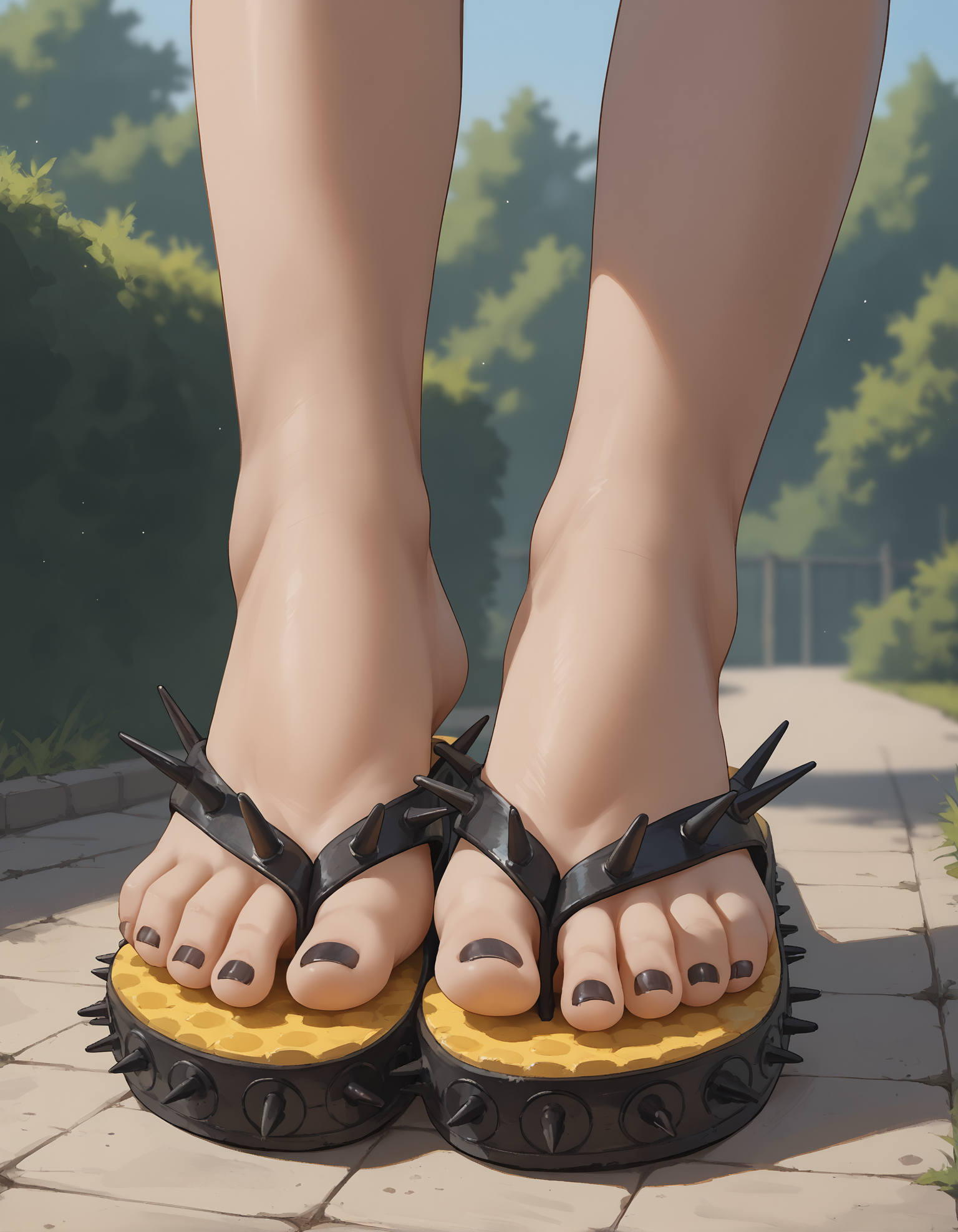 score_9, score_8_up, score_7_up, score_6_up, realistic,
foot focus, 
standing, 
1girl, 
sp1ke flip flops,
black toenail polish,
embedding:zPDXLrl ,
embedding:zPDXL2 ,