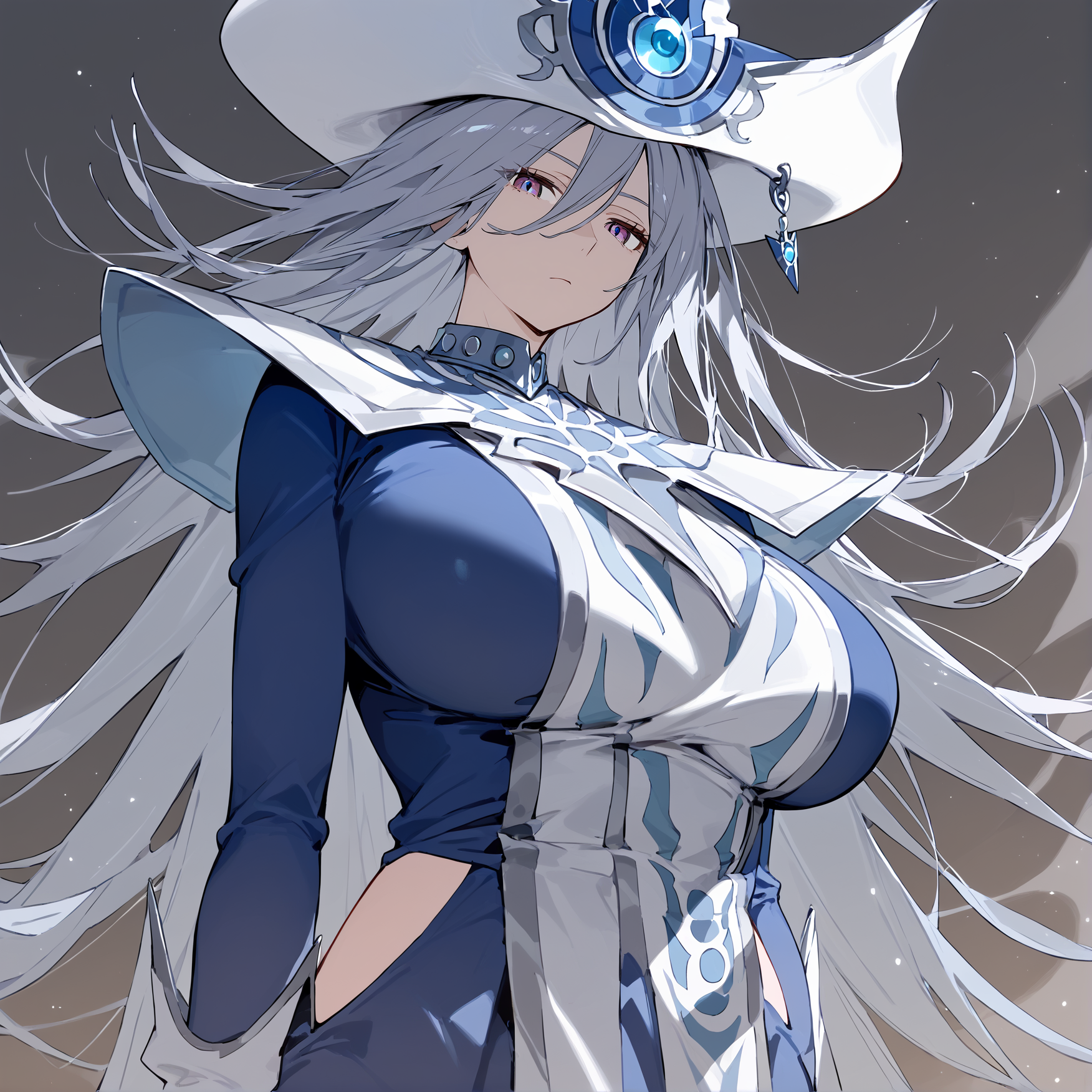<lora:Silent Magician XL V1:1> silentm4gician, 1girl, big breasts, long silver hair, mature female, blue dress, witch hat, gloves, expressionless, :/, looking at viewer,, (masterpiece:1.4), (best quality:1.4), extremely detailed, highres, official art, score_9_up, score_8_up,