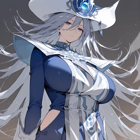 <lora:Silent Magician XL V1:1> silentm4gician, 1girl, big breasts, long silver hair, mature female, blue dress, witch hat, gloves, expressionless, :/, looking at viewer,, (masterpiece:1.4), (best quality:1.4), extremely detailed, highres, official art, score_9_up, score_8_up,