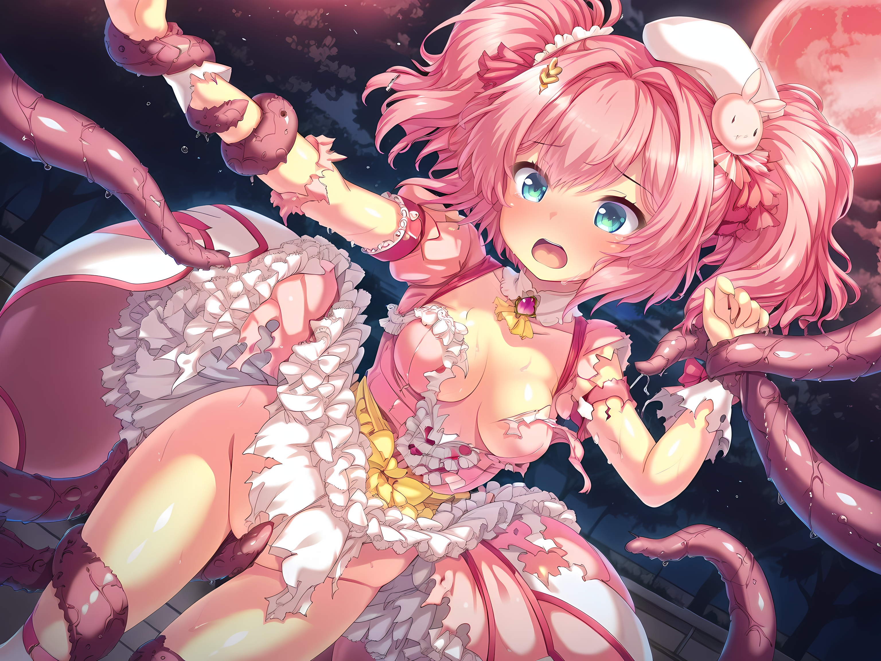 1girl,solo,arisu,mg outfit,escude,outdoors,night,moonlight,cowboy shot,<lora:Yumegishi_Arisu_-_Yamizome_Liberator_-_Escude:1>,medium breasts,twintails,open mouth,red moon,dangerous,action,damaged,wince,torn clothes,restrained,tentacles,tentacle grab,imminent penetration,tears,fleeing,, masterpiece,best quality,amazing quality,