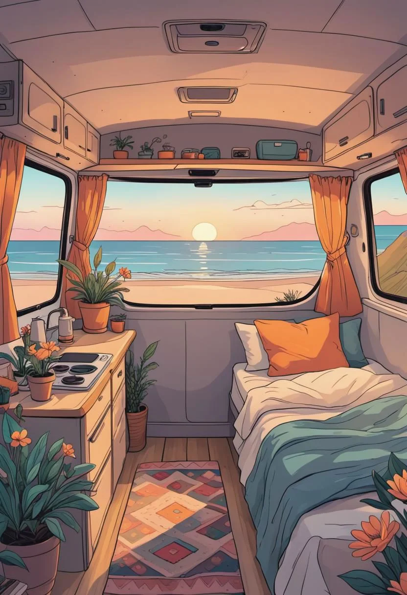 inside a cozy campervan, comfy bed and warm blanket, plants, flowers, decoration, view from the back on quiet beach, sunrise, peaceful, vibrant colors, lineart