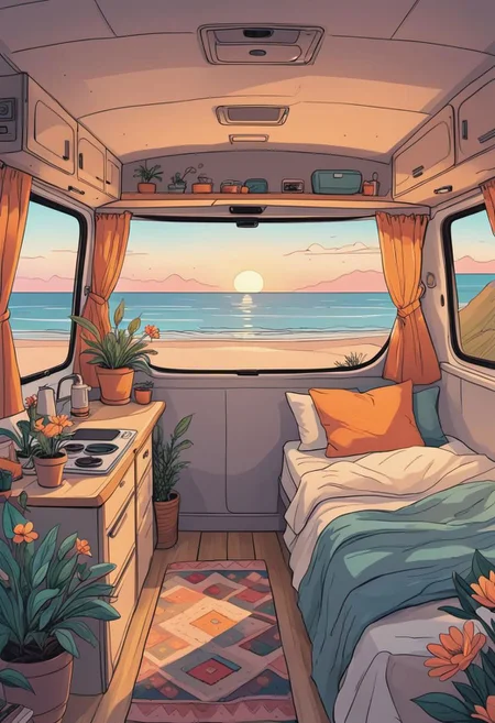 inside a cozy campervan, comfy bed and warm blanket, plants, flowers, decoration, view from the back on quiet beach, sunrise, peaceful, vibrant colors, lineart