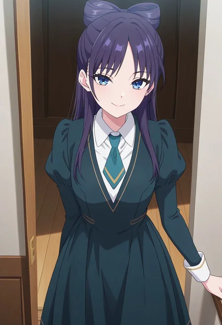 (absurdres, best quality, masterpiece:1.4), amazing quality, highres, newest, detailed, detailed body, detailed face, source anime, anime coloring, beautiful, petite,
BREAK
WWNemu, 1girl, solo, standing, smile, NemuAniHu, dark purple hair, bow-shaped hair, parted bangs, half updo, blue eyes, v-neck dress, white inner collared shirt, Short necktie, juliet sleeves, long skirt