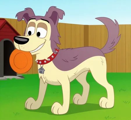 high resolution, best quality, 4k, solo, male, teeth, smile, frisbee in mouth, dog house, backyard background, colored outline, <lora:Lucky_-_Pound_Puppies_Modern_IL:1> ppluckypp, canid, animal ears, big snout, pale skin, purple fur, two tone fur, collar, black nose, black eyes, floppy ears, eyebrows, tail, paws, toony, collar tag, feral, 3 toes