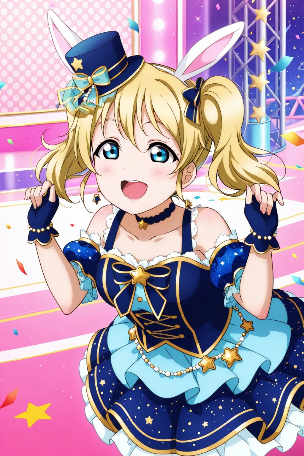<lora:Love_Live:1>, Love Live, 1girl, blue eyes, blonde hair, hat, twintails, solo, open mouth, smile, dress, :d, jewelry, detached sleeves, rabbit ears, animal ears, star \(symbol\), gloves, top hat, mini hat, confetti, fingerless gloves, choker, bow, blue headwear