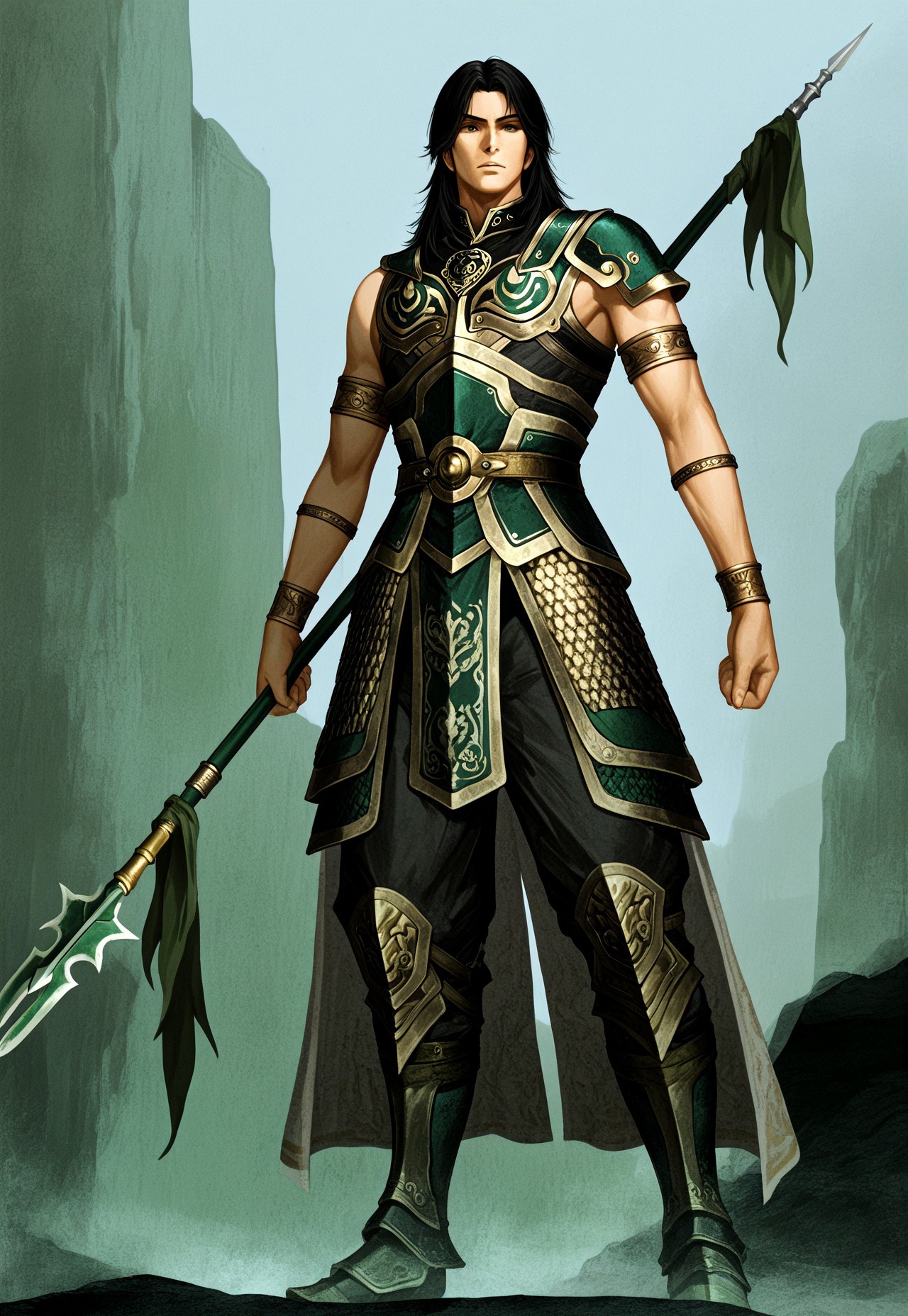 masterpiece, very aesthetic, newest, high score, best quality, absurdres, End_Dynasty_Warriors_4, polearm, 1boy, black hair, standing, weapon, male focus, solo, holding weapon, armlet, holding, armor, spear