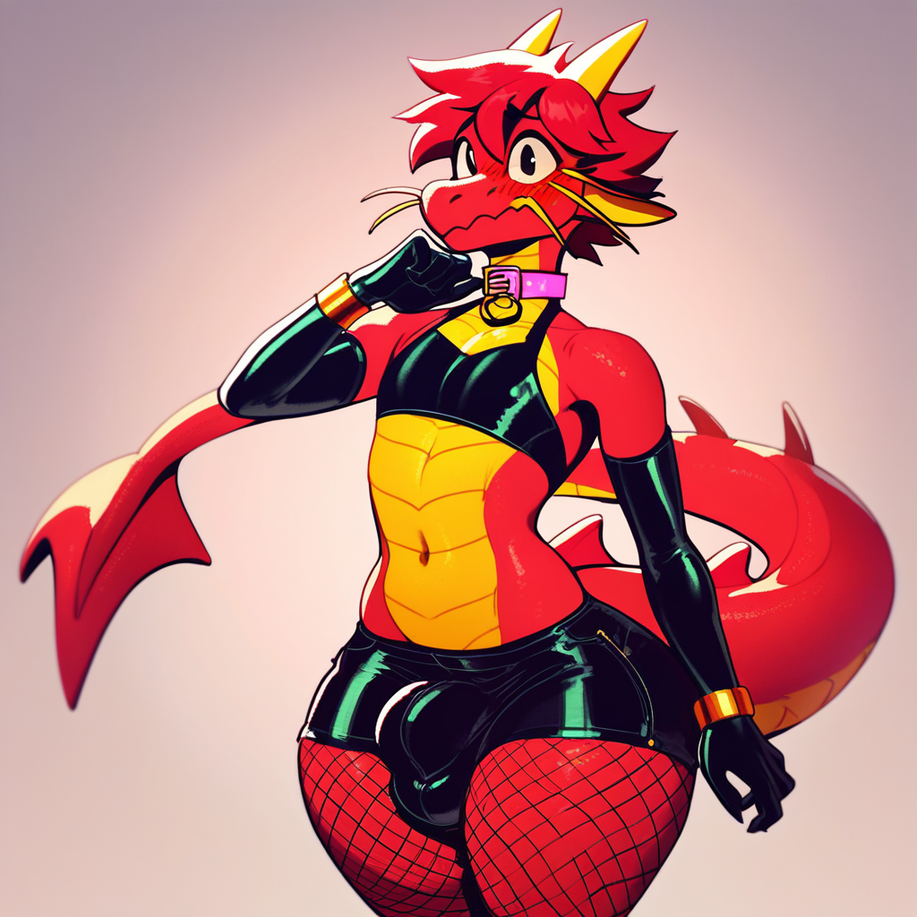 score_9, score_8_up, score_7_up, 2k, 4k, high res, 2d (artwork), Poppin, 1boy, femboy, solo, flat chest, dragon, red body, yellow counter shading, flesh whiskers, yellow whiskers, wide eyes, black eyes, pink collar, red hair, dragon tail, furry, furry femboy, dragon femboy, embarrassed, blushing, black latex crop top, black latex booty shorts, large hips, bottom heavy, thick thighs, black fishnet stockings, black fishnet elbow gloves, gold bracelets, massive bulge, bedroom background, standing