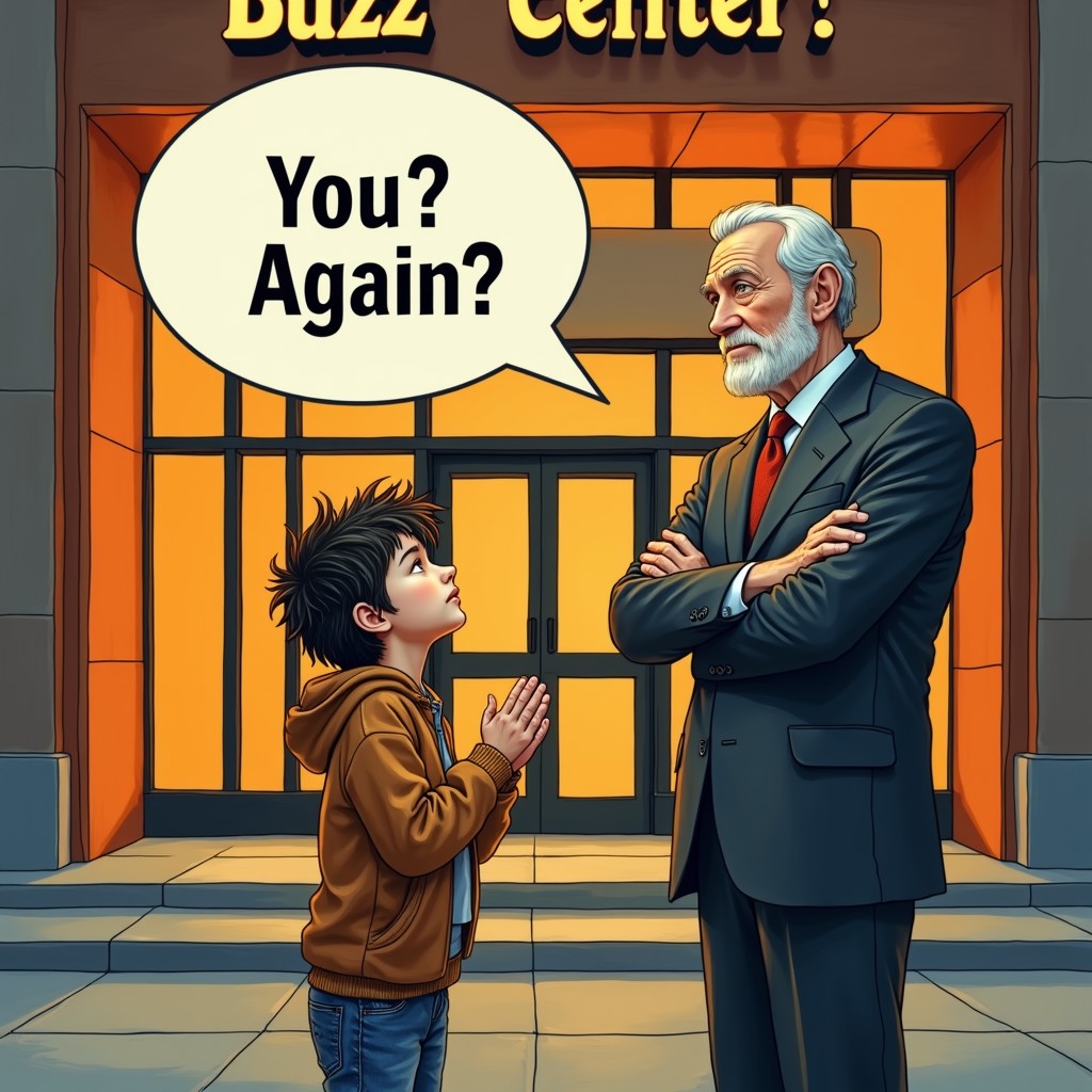 picture of a old man standing in a suit with crossed arm in front of a luxury orange building, building with ad illuminated sign saying "Buzz Center", the man says to the child " You? Again??" in a white bubble, dialog bubble pointed at the man, the man is looking down to a homeless child. the child has messy hair with old and dirty clothes begging with his hands