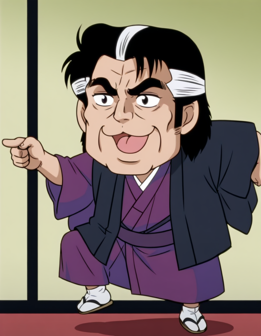 <lora:kaibara_yuzan_ill_0.90-000010:1>, yuzan, oldman, purple kimono, haori, sitting, solo, masterpiece, best quality, good quality, anime coloring, <lora:genba_neko_like_v2:1>, genba_neko, chibi, pointing, standing on one leg, :3, open mouth, meme, parody,