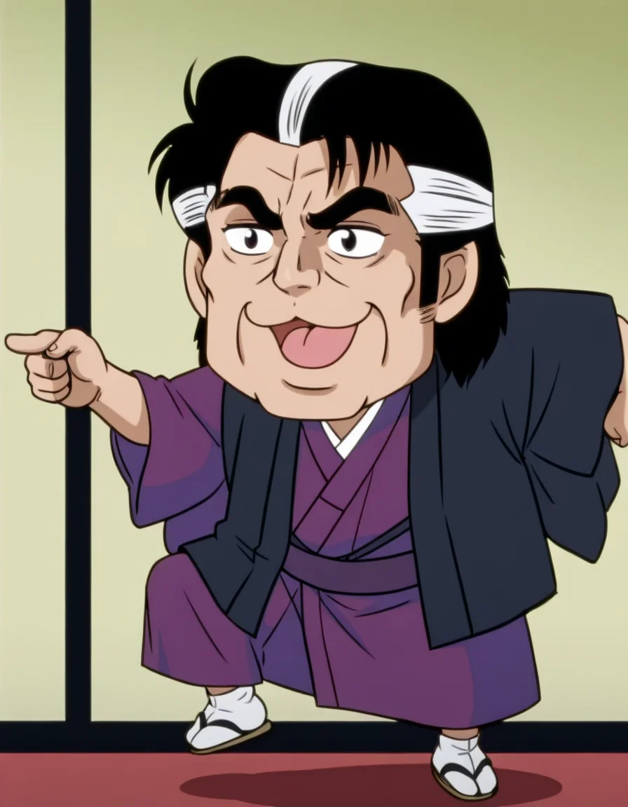 <lora:kaibara_yuzan_ill_0.90-000010:1>, yuzan, oldman, purple kimono, haori, sitting, solo, masterpiece, best quality, good quality, anime coloring, <lora:genba_neko_like_v2:1>, genba_neko, chibi, pointing, standing on one leg, :3, open mouth, meme, parody,