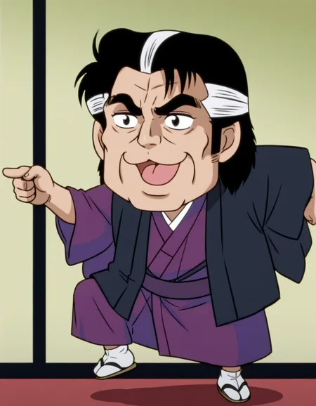 <lora:kaibara_yuzan_ill_0.90-000010:1>, yuzan, oldman, purple kimono, haori, sitting, solo, masterpiece, best quality, good quality, anime coloring, <lora:genba_neko_like_v2:1>, genba_neko, chibi, pointing, standing on one leg, :3, open mouth, meme, parody,