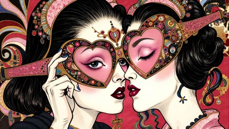 Medieval (Japanese:0.5) themed artwork depicting pouting white-toned waifu women examining an elaborate steampunk Galentine heart-shaped sunglasses intricate black and pink Voronoi details. eldritch, billowing dark glitter, very elaborate. The overall feel of the image is painterly. Additionally the image incorporates elements of mixed media including flowing lines drawn with fine pens and appliqued goldleaf. The general effect is of timeless fine art elegance. <lora:midjourney_whisper_chromaplex_v1:0.3> <lora:Paper_Marbling_Flux:0.5> <lora:Pacific_Northwest_r1:0.3> <lora:BookOfKells-Rapid:0.3> <lora:Embroidered_Quilting_Flux:0.4> <lora:ff3-style_v11:0.5> <lora:Hand v2:1>