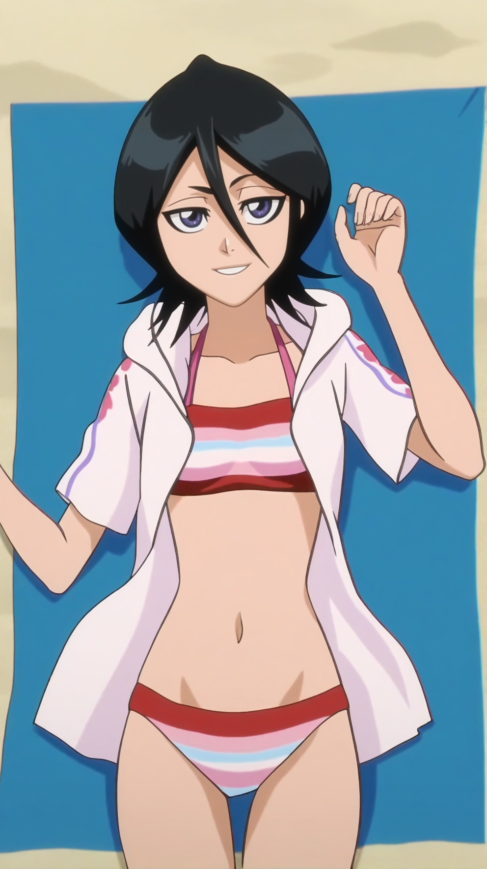 source_anime, score_9, score_8_up, score_7_up, anime screencap, high quality, 8k, absurdres, official style, beach, <lora:Rukia_Kuchiki_mine:0.8>, rukia kuchiki, black hair, short hair, purple eyes, hair between eyes, swimsuit outfit, navel, collarbone, swimsuit, bikini, open clothes, striped, hood, hoodie, striped bikini, beach towel, smile, half closed eyes, lying down, on back, small breasts, looking at viewer,