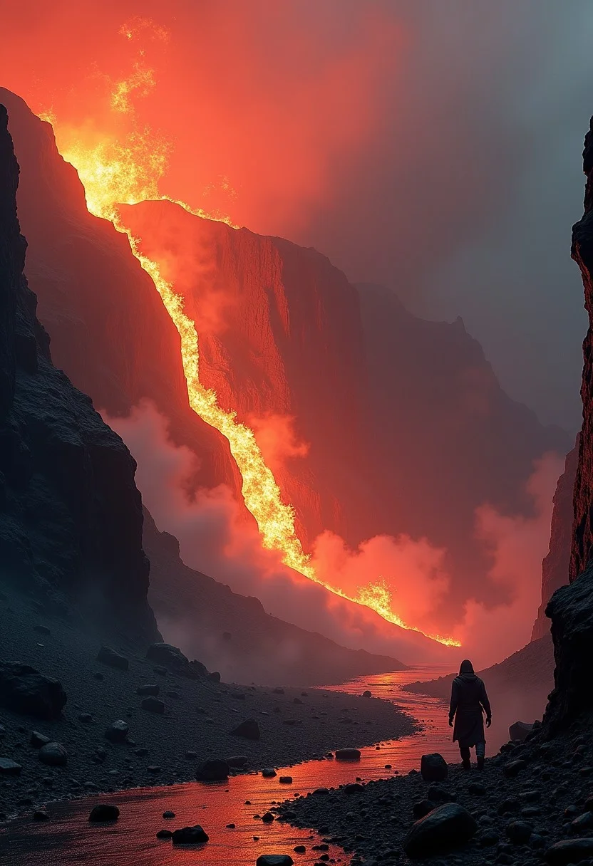 In the heart of a mount doom, our fearless ring bearer finds themselves amidst a scene of impending chaos. Molten lava cascades down the mountainside, casting an ominous red glow across the rocky terrain. With smoke and ash billowing into the sky, the adventurer races against time, navigating treacherous paths strewn with debris as fiery explosions erupt around them, painting the scene with bursts of intense heat and light. many details, extreme detailed, full of details, Wide range of colors. Lord of the rings scene, Many details everywhere. soft shadows. Low saturation colors. Insane quality. Insane resolution. Insane details. Masterpiece. 32k resolution. Dramatic,Dynamic,Cinematic,Sharp details <lora:add-detail-xl:1>