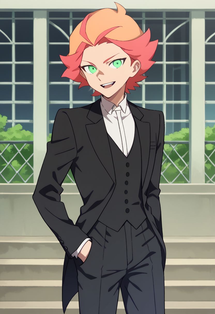score_9, score_8_up, score_7_up, source_anime, highly detailed, 
amanda, 1girl, solo, formal, green eyes, hand in pocket, suit, orange hair, short hair,
multicolored hair, looking at viewer, two-tone hair, reverse trap, pants, smile,
open mouth, tuxedo, hair back,
outdoor,