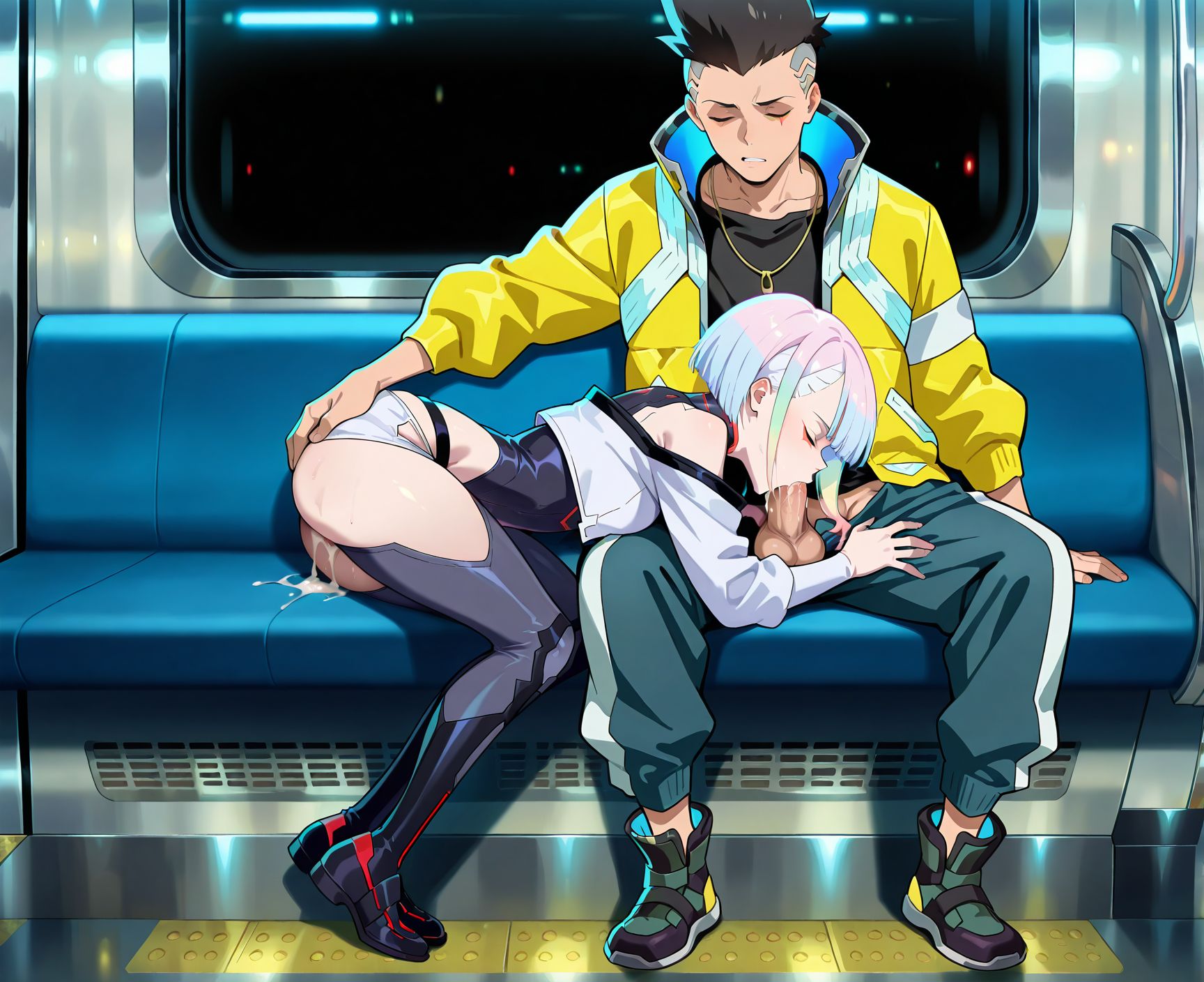 <lora:add-detail-xl:0.5>,,masterpiece,best quality,anime coloring,anime screenshot,
<lora:sex_on_train:0.5>sex_on_trainV1,
1boy,faceless boy,penis,fellatio,bent over,train interior, full body, 
sex_subway ,1girl, train interior, sitting,sitting side by side,cum, 
deepthroat, front view,huge penis, lying on lap fellatio, on side,
black background, uncensored, closed eyes, 
cyberpunk edgerunners, official art, official style, 
lucy \(cyberpunk\), bodysuit, 
David Martinez, yellow jacket male, 
20 YO, milf,