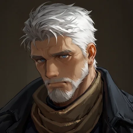 <lora:Igor_ÐÐ³Ð¾ÑÑ__Reverse1999:.75>, Igor (ÐÐ³Ð¾ÑÑ), White hair, blue eyes,, Black windbreaker, brown scarf, open clothing,
(very short hair, beard, bara, mature, facial hair, stubble, beard, full beard, sideburn, beard, a lot of beard, ), facial hair,male focus, muscular male, muscular male, bara, mature,  bara, mature, aixiwuganda_(20222192), very awa, masterpiece, best quality, absurdres, newest, perfect quality, detailed background, intricate details,
<lora:slider_Body Type_alpha1.0_rank4_noxattn_last:3><lora:Anime Summer Days 2 Style SDXL_LoRA_Pony Diffusion V6 XL:.6><lora:slider_cfg_scale_boost:.7><lora:Artist6p:.55>, Artist6p, Artist04p,<lora:slider_il_brightness_slider_d1:-1><lora:slider_il_contrast_slider_d1:-1><lora:slider_DarkSlider1.2_alpha1.0_rank16_full_300steps:-.6>