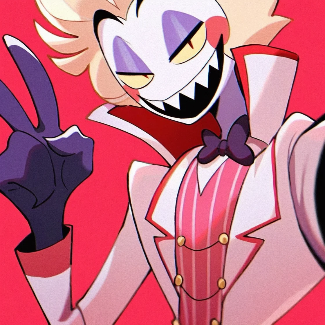 <lora:Lucifer:1> lucifer, 1boy, male focus, solo, white skin, blonde hair, v, sharp teeth, red background, masterpiece, high quality