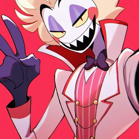 <lora:Lucifer:1> lucifer, 1boy, male focus, solo, white skin, blonde hair, v, sharp teeth, red background, masterpiece, high quality