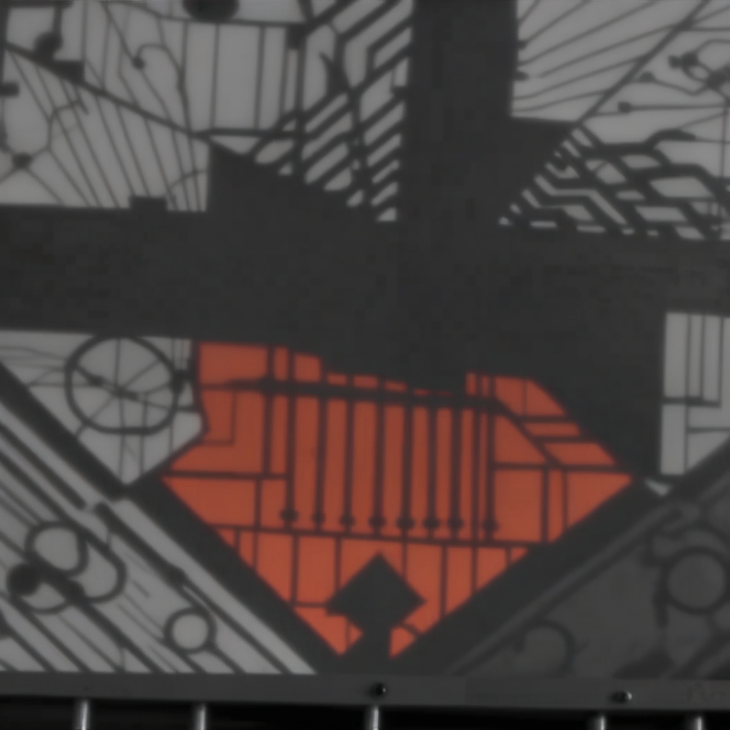 house, paper, bridge, greyscale, confined space, orange theme, red eyes, industrial pipe, stairs, mysterious, border, rain, traditional media, silk, cold atmosphere, pokemon (creature), stained glass, outdoors, horror (theme), scenery, small doors, bare tree, building, otherworldly, instrument, symmetrical, reflective surfaces, ceiling, day