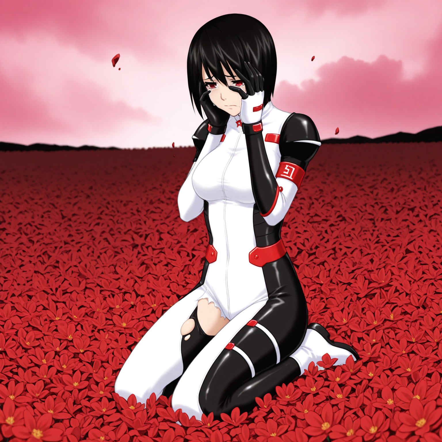 masterpiece, best quality, amazing quality,,uncensored, 1girl,rpm04, short hair, black hair, bob cut, sidelocks, red eyes, medium breasts, bodysuit, science fiction, nebula, space, <lora:rpm04_Illustrious10:0.8>,  torn clothes, sitting, sad, crying, streaming tears, kneeling, flower field, <lora:add-detail-xl:1> ,debris, hands on own face, outdoors, field, pink sky