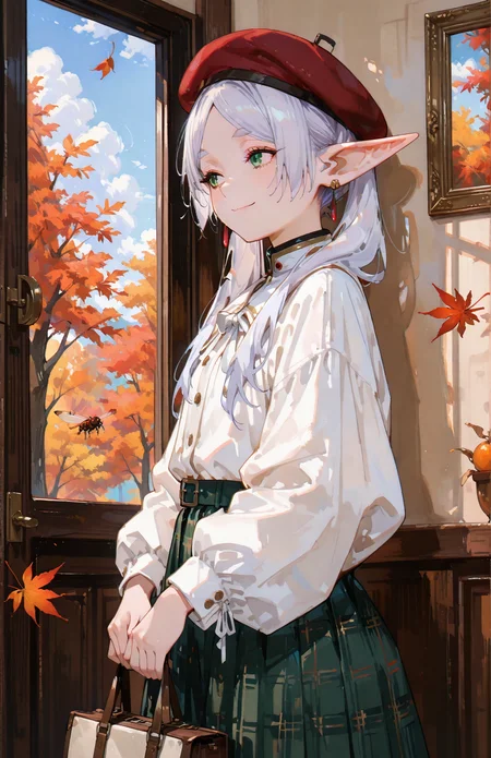 perfect quality,high quality,masterpiece,best quality,amazing quality,very aesthetic,absurdres,newest,
FrierenCyql,1girl,elf,solo,long hair,twintails,white hair,green eyes,pointy ears,earrings,jewelry,<lora:Frieren_Illustrious by Cyql:1>,
autumn leaves,skirt,looking at viewer,bag,hat,red headwear,holding,long sleeves,window,leaf,green skirt,autumn,shirt,white shirt,beret,indoors,smile,painting (object),from side,plaid,closed mouth,puffy sleeves,picture frame,maple leaf,standing,fruit,door,puffy long sleeves,plaid skirt,bug,falling leaves,cloud,looking to the side,holding bag,tree,
748cmstyle,EtherStyle,masterpiece,best quality,very aesthetic,absurdres,<lora:96YOTTEA-WAI:0.3>,<lora:EtherSDXL:0.4>,<lora:illustrious_all_rated_v1:0.5>,<lora:spo_sdxl_10ep_4k-data_lora_webui:0.6>,<lora:ponyv5_noobV065S_1_adamW:0.7>,<lora:748cmSDXL:0.8>,