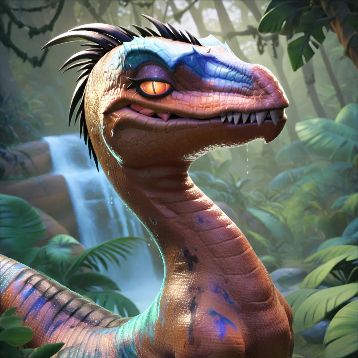 <lora:feralraptorxl:0.8>, feralraptorxl, source_furry_feral, solo, jungleraptor (fortnite), cowboy shot, beautiful, portrait, female, sexy, flat chest, curvy, (wet, sweat), lizard tail, (bedroom eyes:1.2), moan, glistening, scales, seductive, flirtatious, realistic detailed skin, portrait, upper body, dynamic pose, dutch angle, fangs, face focus, mouth focus, looking at viewer, detailed scales, forest, jungle, waterfall, dark atmosphere
score_9, score_8_up, score_7_up, <lora:add-detail-xl:1.4>,