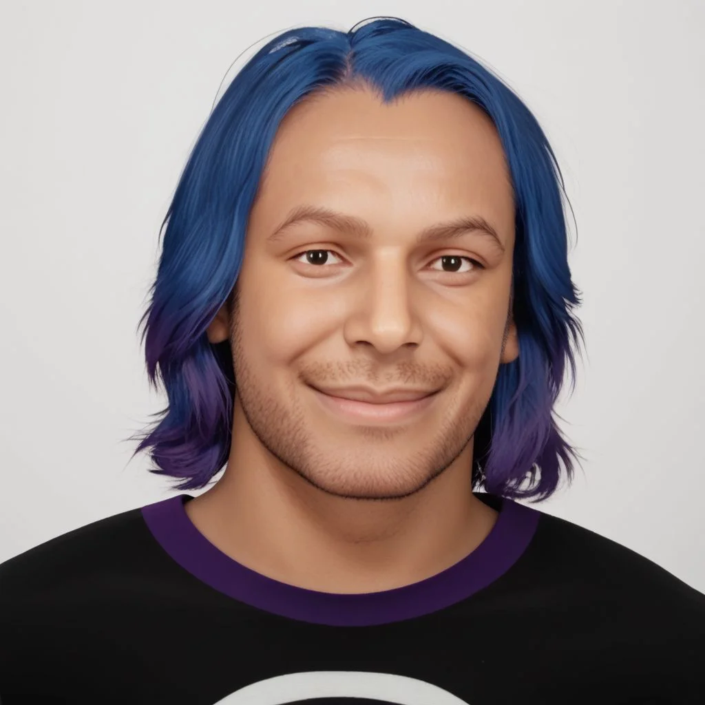 criss metaxvoor, 1boy, solo, male focus, realistic, blue hair, facial hair, grey background, shirt, black eyes, simple background, upper body, smile, stubble, looking at viewer,, PonyXLV6_Scores zPDXL