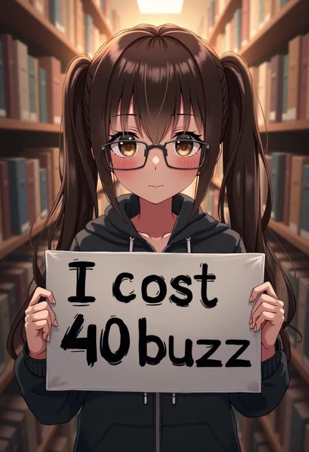 1girl, anime girl holding a sign with text "I cost 40 buzz", solo, long hair, expressive eyes, dark eyeshadow, detailed skin,
detailed face, perfect face, closed eyes, twintails, smile, brown hair, glasses, casual clothes, library,
illustration, perfect composition, dramatic lighting, film grain, highly dramatic background, cinematic film still,
very aesthetic, (intricate details, (incredibly detailed), high detail, ultra-detailed), (hyperdetailed), (soft focus:1.1),
absurdres, (hires textures), (4k), (masterpiece, best quality)