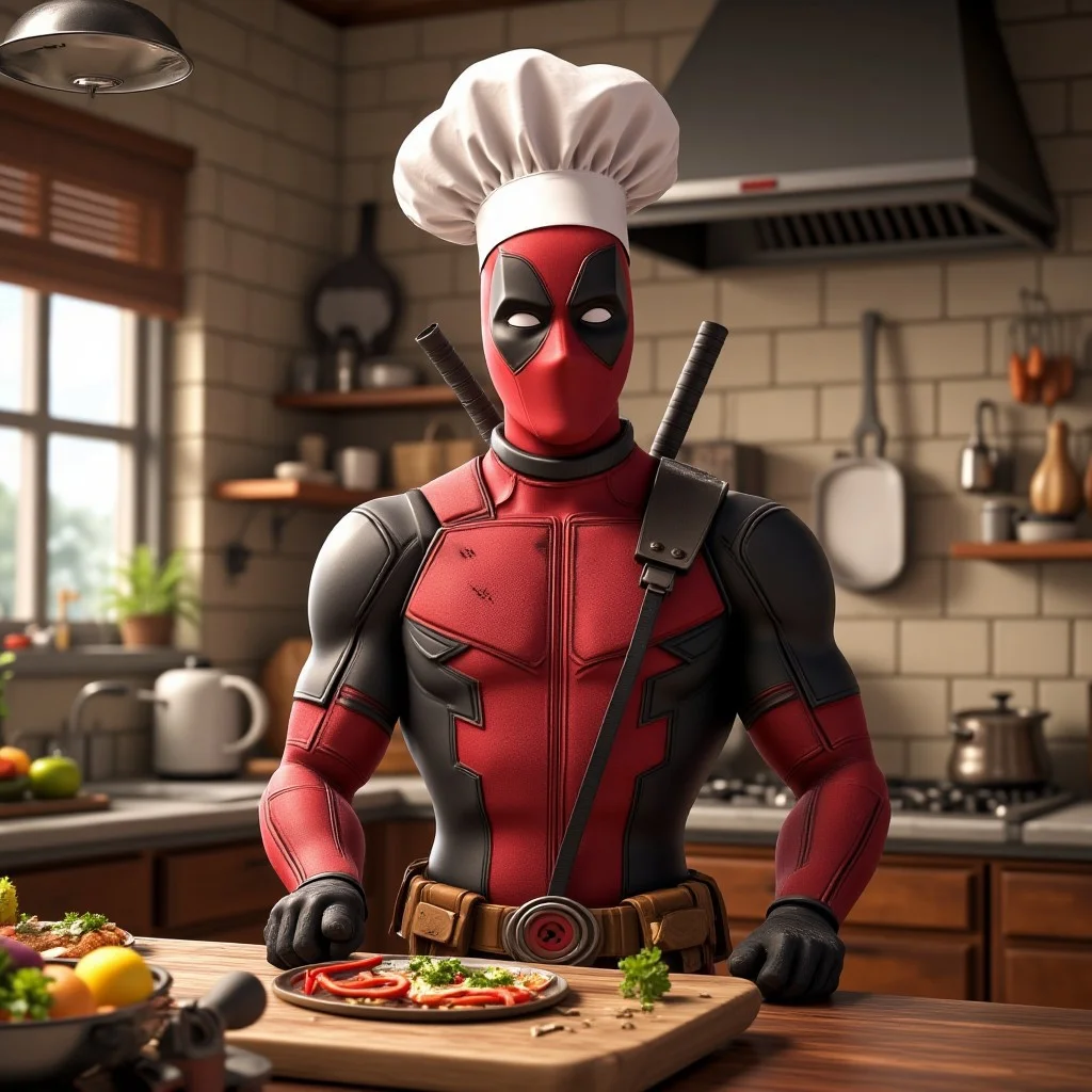 Marvel Comics Deadpool cooking in a kitchen with a chef hat on his head