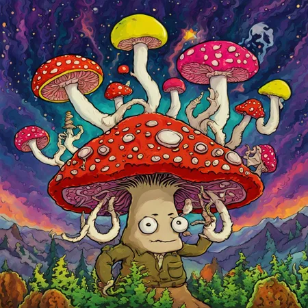 A psychedelic mushroom trip ArthurShow <lora:SDXL-ArthurShow-Lora:1.0> but the old gods are rising <lora:Old_gods_rising_SDXL:0.8> Very detailed, clean, high quality, sharp image