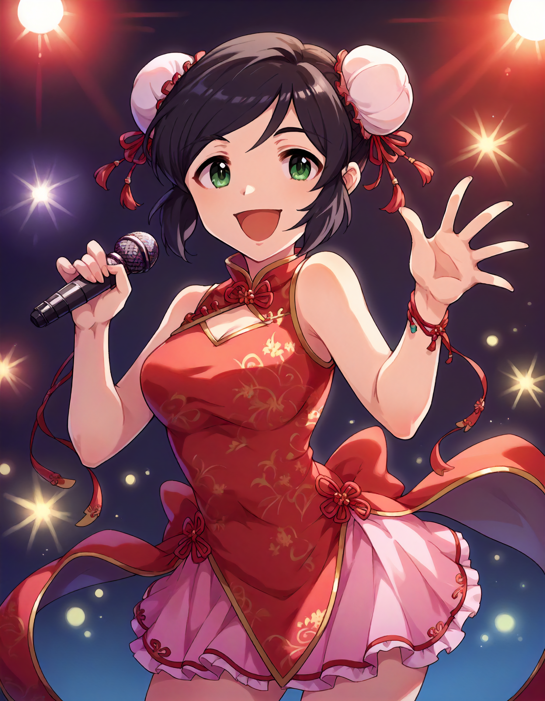 score_9,score_8_up,score_7_up,1girl,solo,cowboy shot,smile,open mouth,looking at viewer,holding microphone,stage lights,
<lora:yaofueifuei_ponyXLV6:0.8>,cgyff,
black hair,double bun,green eyes,
red china dress,pink skirt